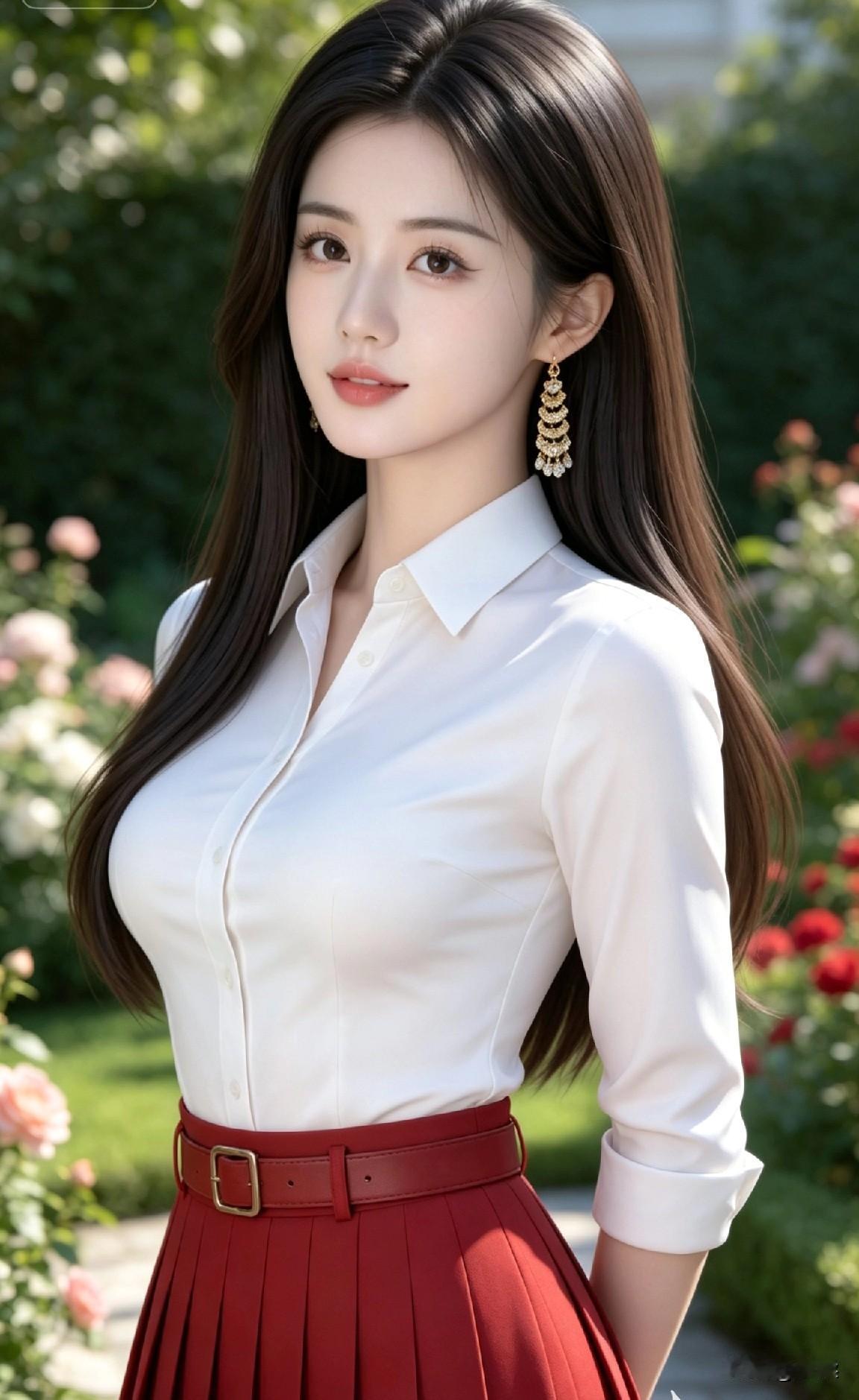 分享绝美的美女照绝色美女，满园繁花作背景，白衬衫红百褶裙，少女清丽模样一眼心动国