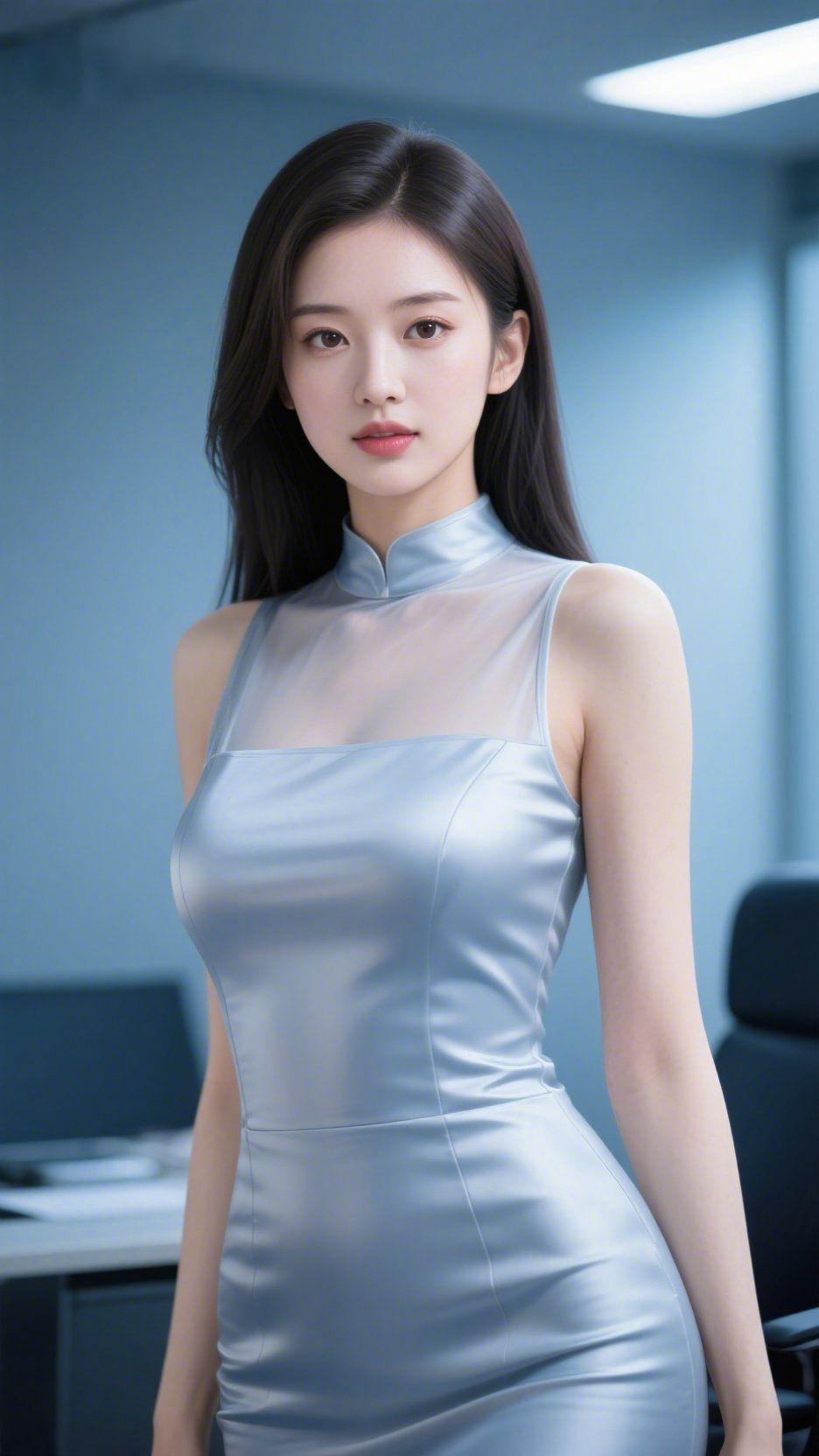 银缎裹就室中清办公室的冷光轻落，她身上那袭银蓝缎面衬得眉目愈发明净——立领