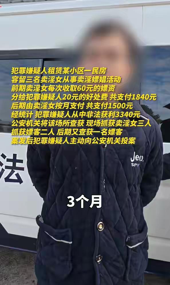 犯容留卖淫罪获刑！湖南一男子租赁某小区一民房，容留三名卖淫女从事卖淫嫖娼活动