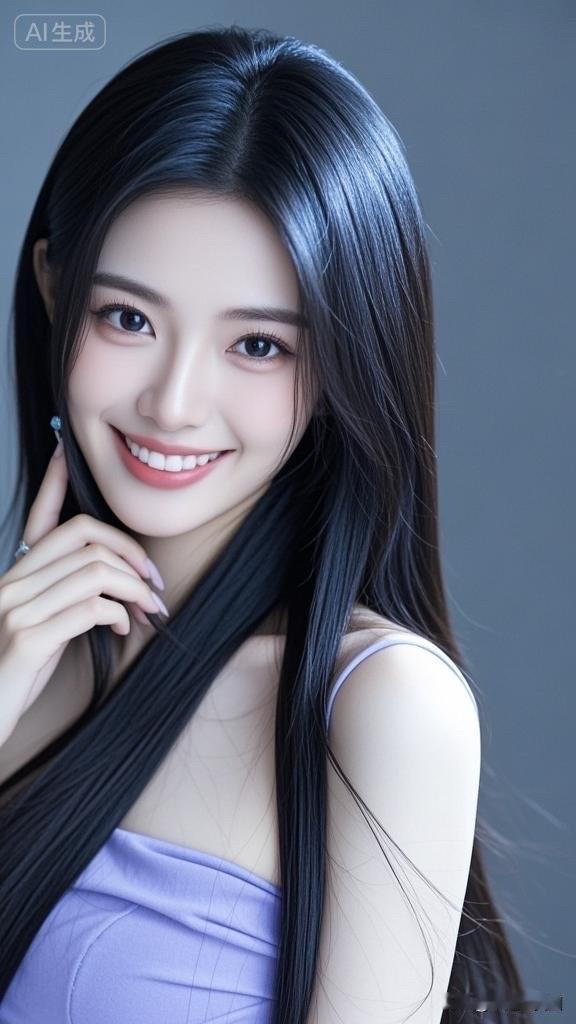 甜美笑容，黑发飘逸，AI生成的完美形象！