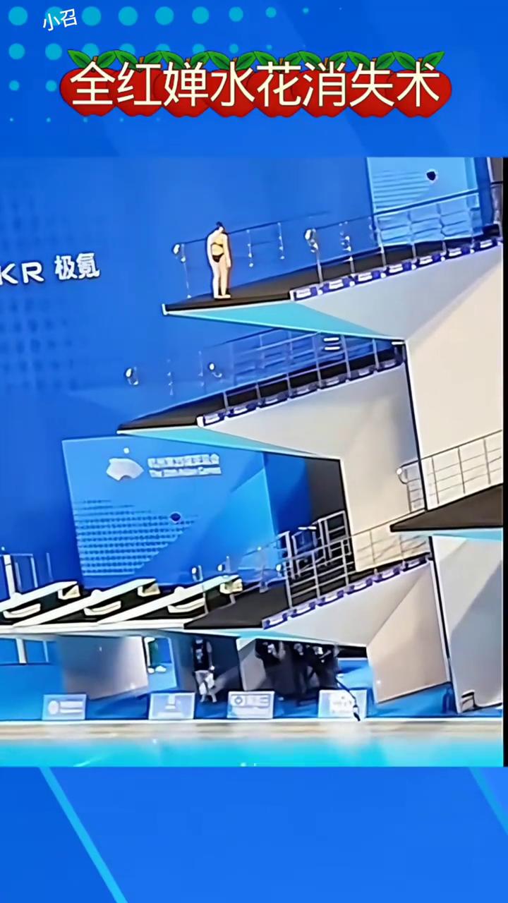 全红婵水花消失术。全红婵，中国两百零七c，向后翻腾三周半，难度系数三点三三，一