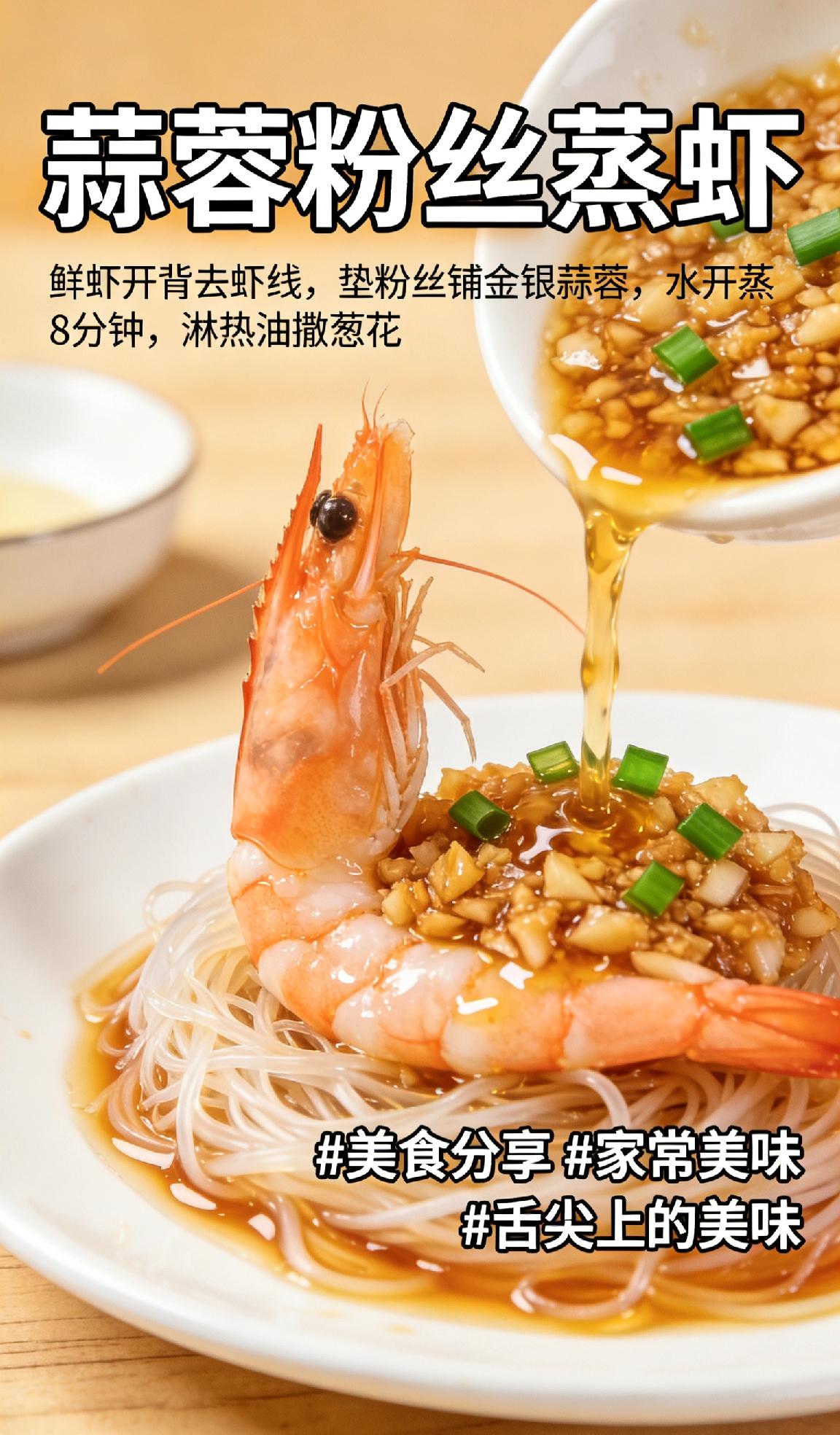一道好吃的美食分享必须安利蒜蓉粉丝蒸虾！鲜虾开背去虾线，垫上泡软的粉丝，铺上炒香