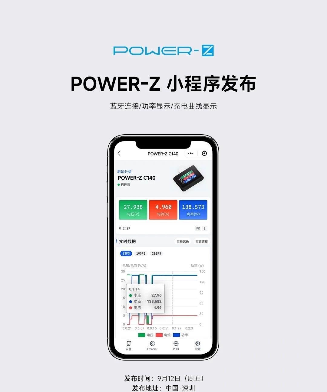 POWER-Z的官方小程序要出来了，蓝牙连接，支持功率显示、充电曲线显示、线材