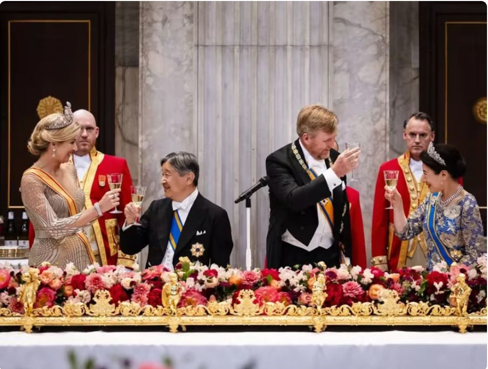 日本天皇赴国宴，和1米78荷兰王后的身高差醒目，雅子皇后戴上了“新王冠”