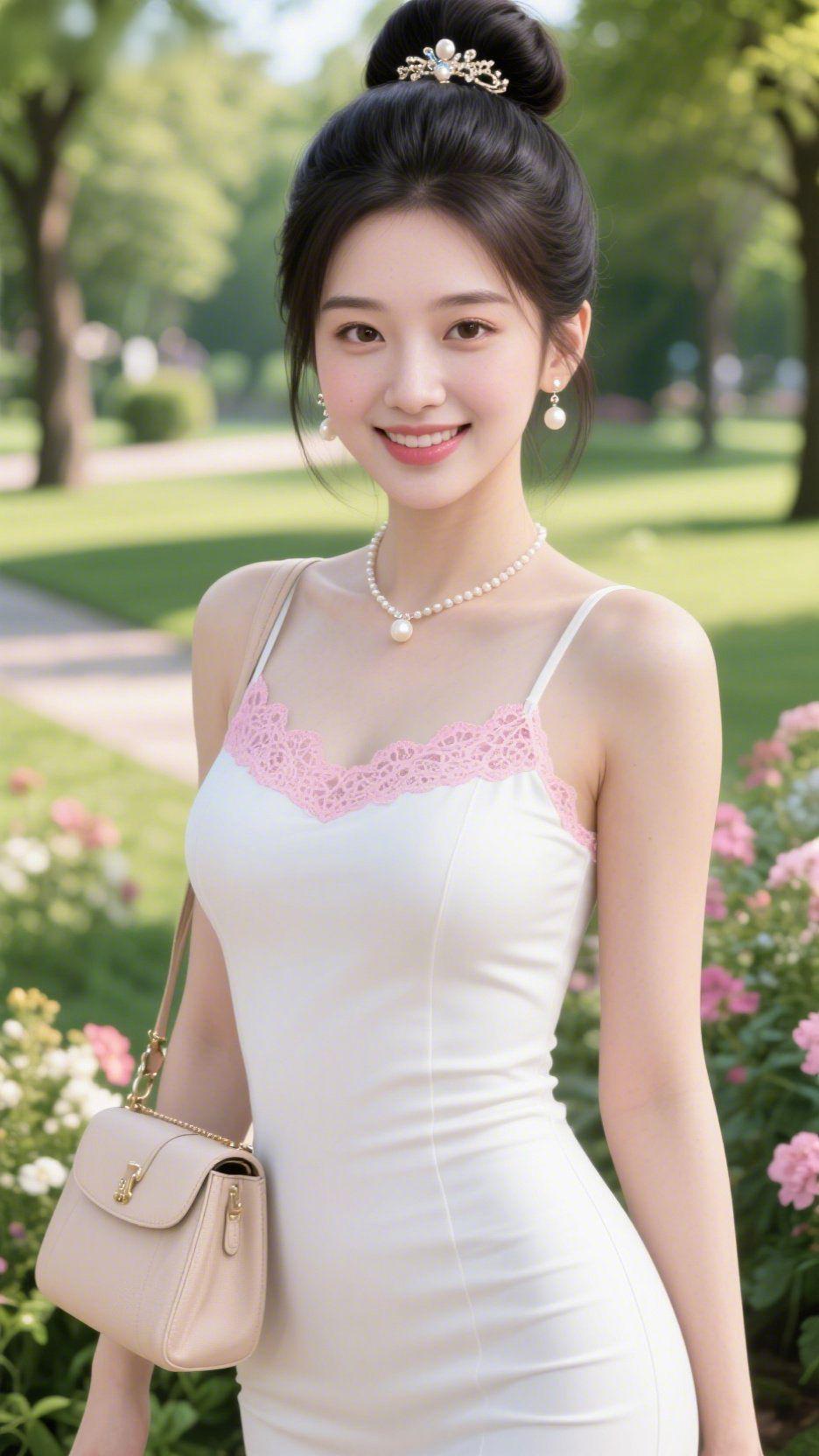 《白裙裹着的春园暖》园里的风携着花气掠过身侧，白裙像揉开的云，粉蕾丝轻衬领