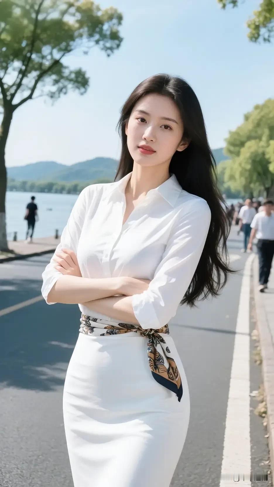 白衫裹着湖风的柔，丝巾缠出轻俏的韵，远山漾在水色里，她的身影是晴日里最舒展的画。