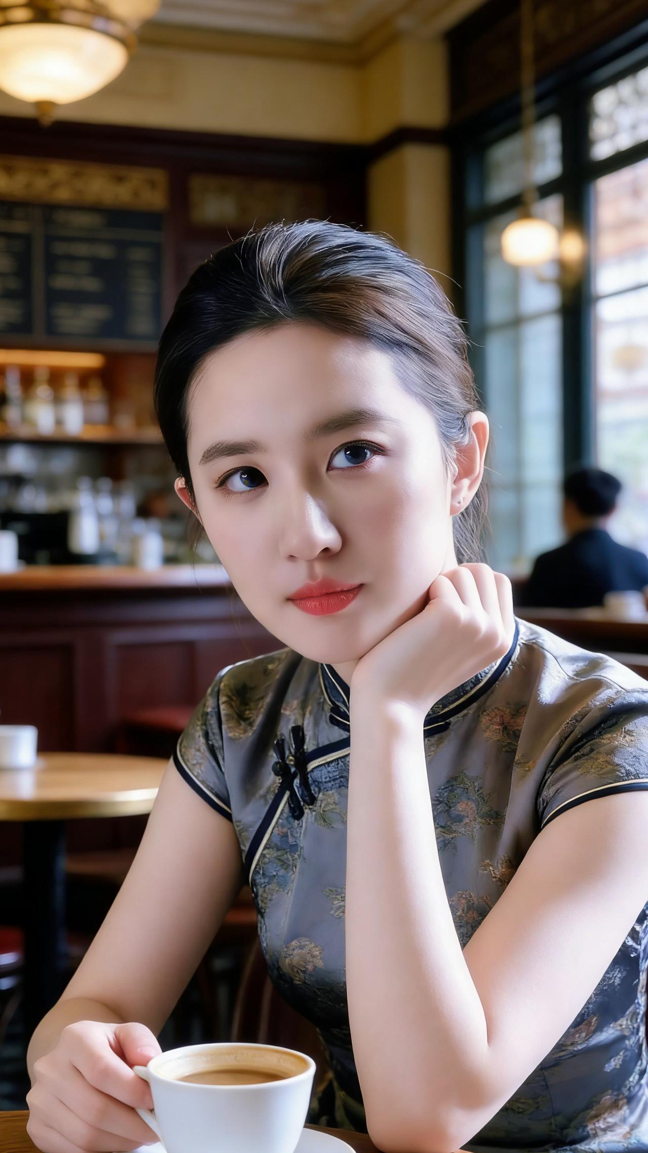 老租界的街角，这家咖啡香已经飘了快一个世纪。她挑了靠窗的位置坐下，一身墨底暗花旗