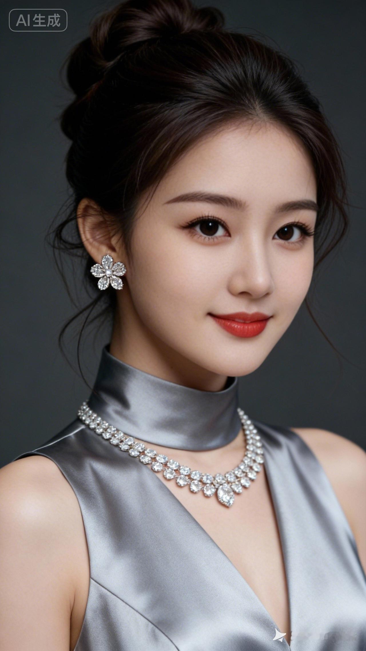 深棕低盘发髻缀几缕碎发，闪钻花朵耳钉配满钻短项链精致夺目，着简约利落黑西装，气质