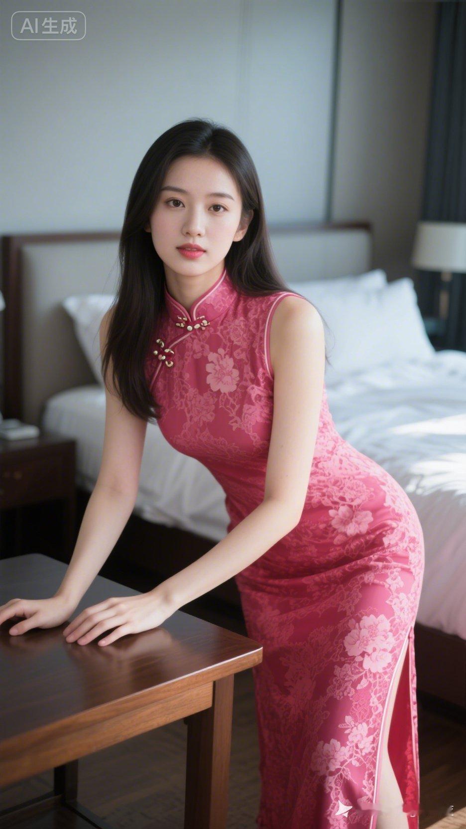 红衣美人倚案旁，花影摇曳入梦来。