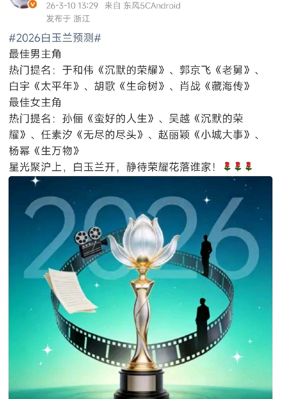 2026白玉兰预测～坦白说，有孙俪和吴越在，杨幂拿奖的概率不大。生万物确