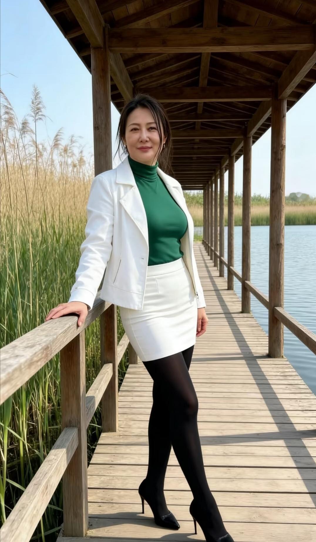 这位女士在湖边拍照，看起来很漂亮。