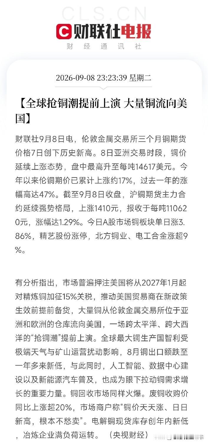 深夜11点多，这条消息砸出来，还在熬夜的人，估计睡意全没了全球抢铜潮，提前上