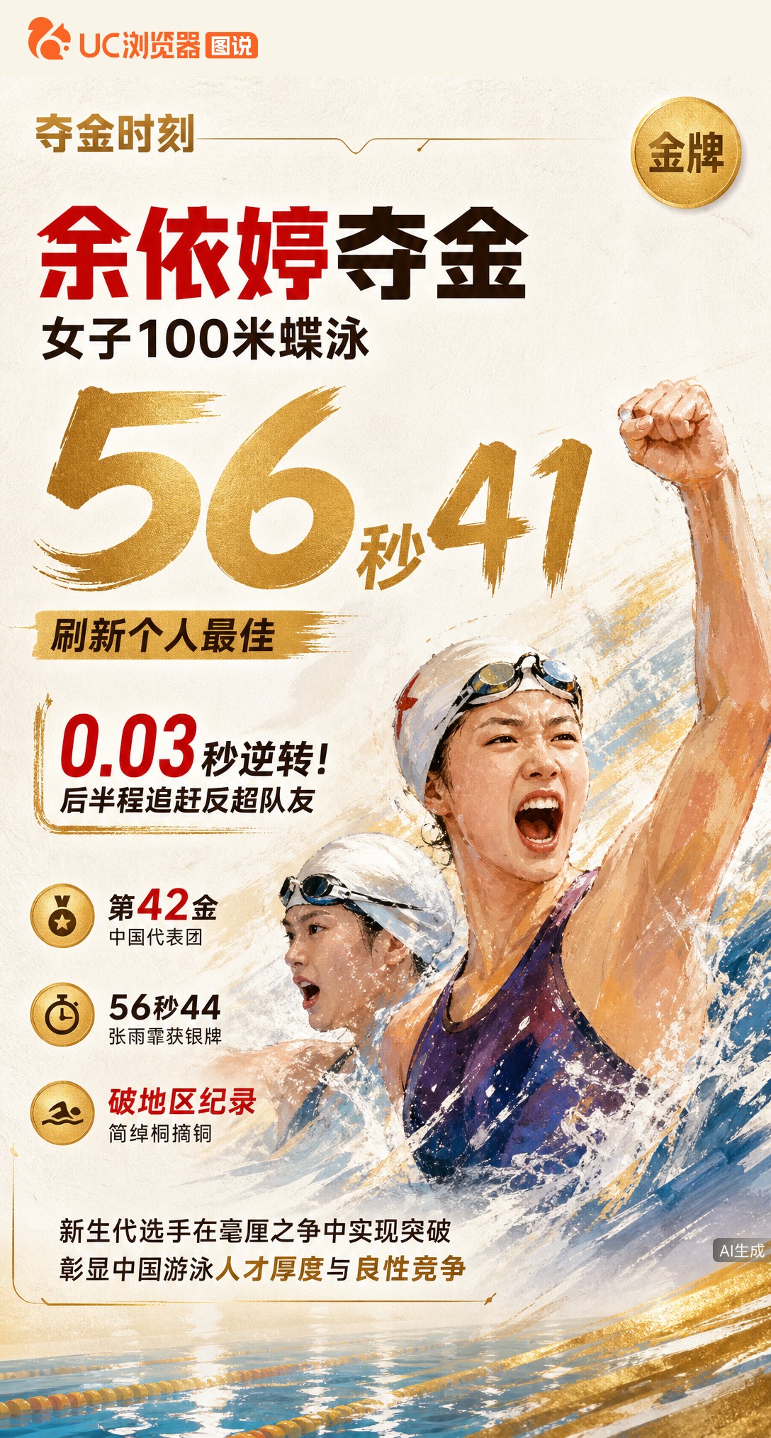0.03秒绝地逆转！余依婷56秒41刷新PB夺女子100蝶金牌，力压张雨霏拿下中国代表团亚运第42金