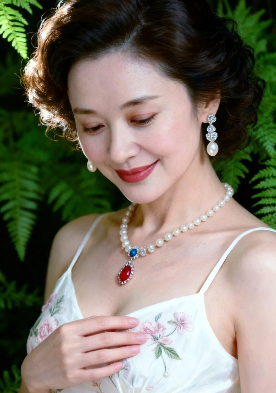 优雅复古风，珍珠项链与红宝石相映成辉，温柔微笑，尽显女性魅力。