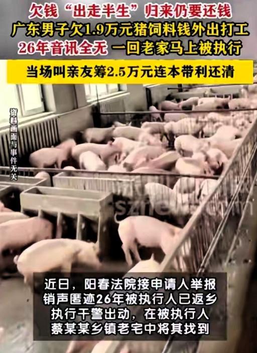 广东阳春，男子欠下19000元猪饲料钱，26年一分不还，他跑出去打工，玩消失，债