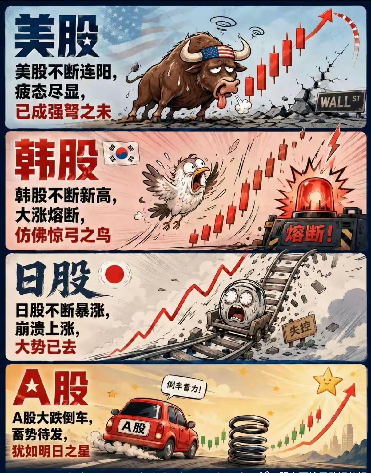 这四句话真的笑死我了，中国股民心态真的超级好啊。1.美股不断连阳，疲态尽显，已成