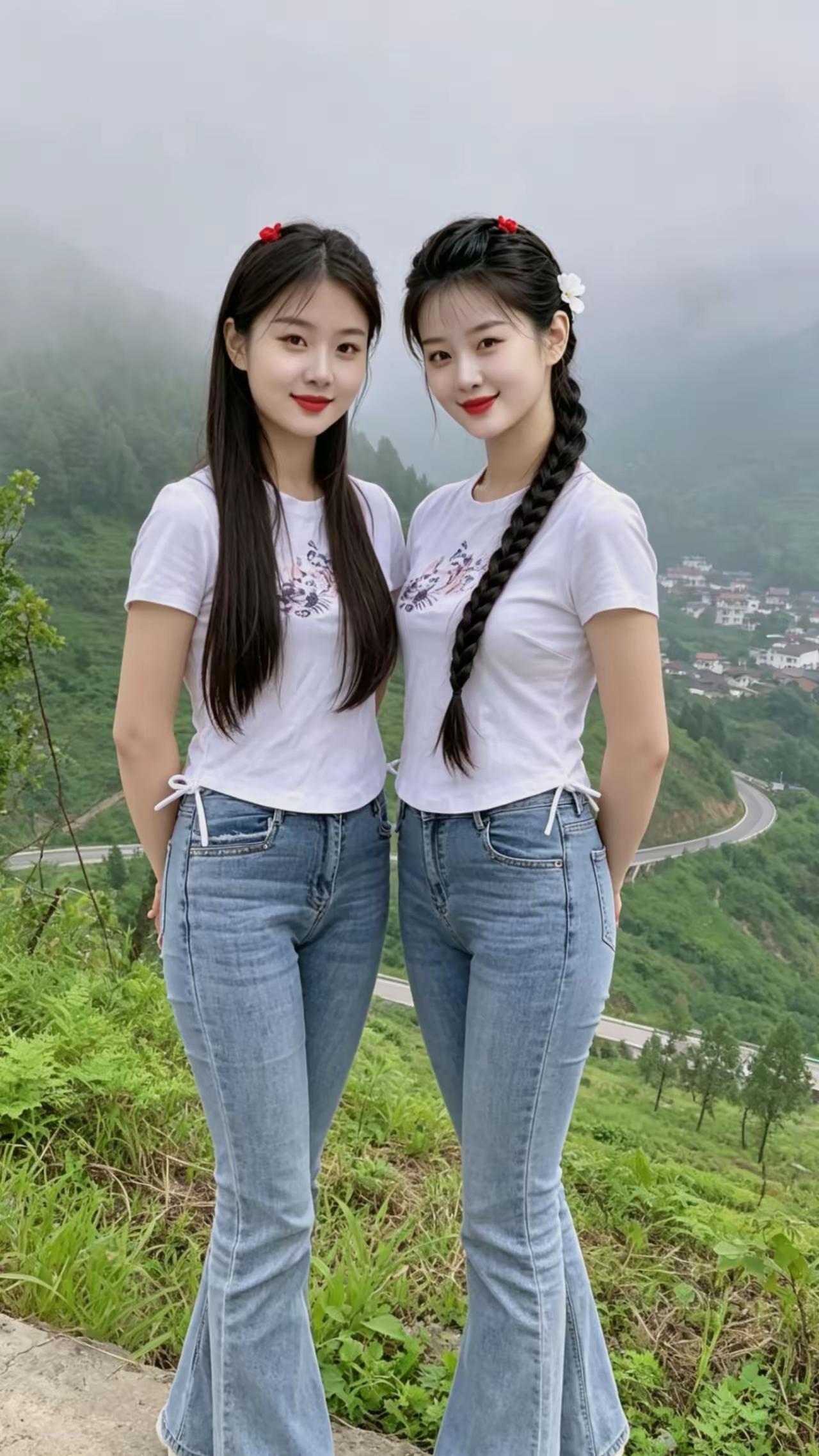 同妆同样貌，姐妹好俊俏。并立山路边，含笑拍美照。