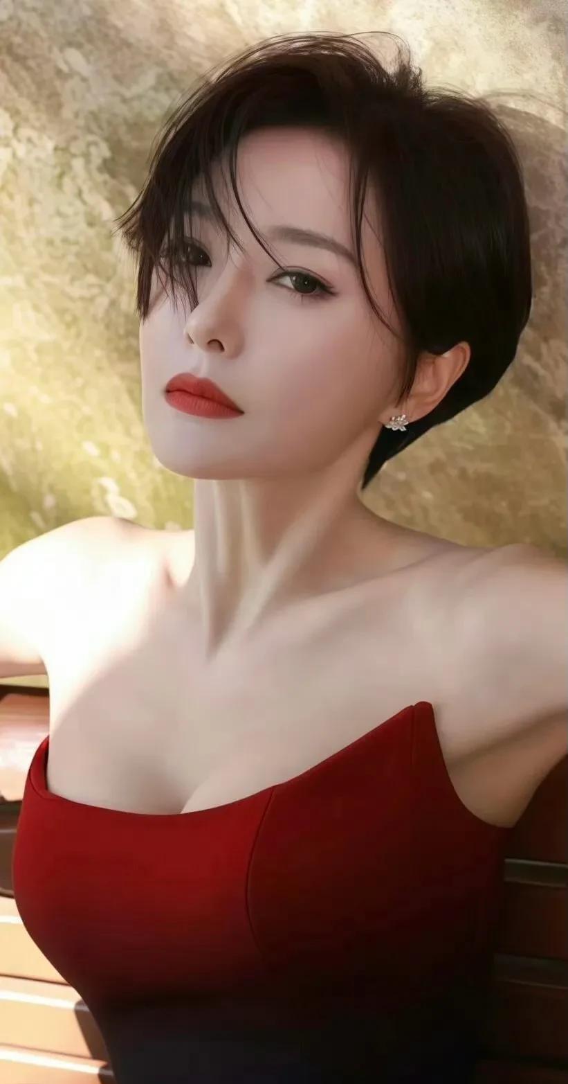 秦岚着红黑抹胸裙，短发轻扬，奏响优雅飒爽旋律