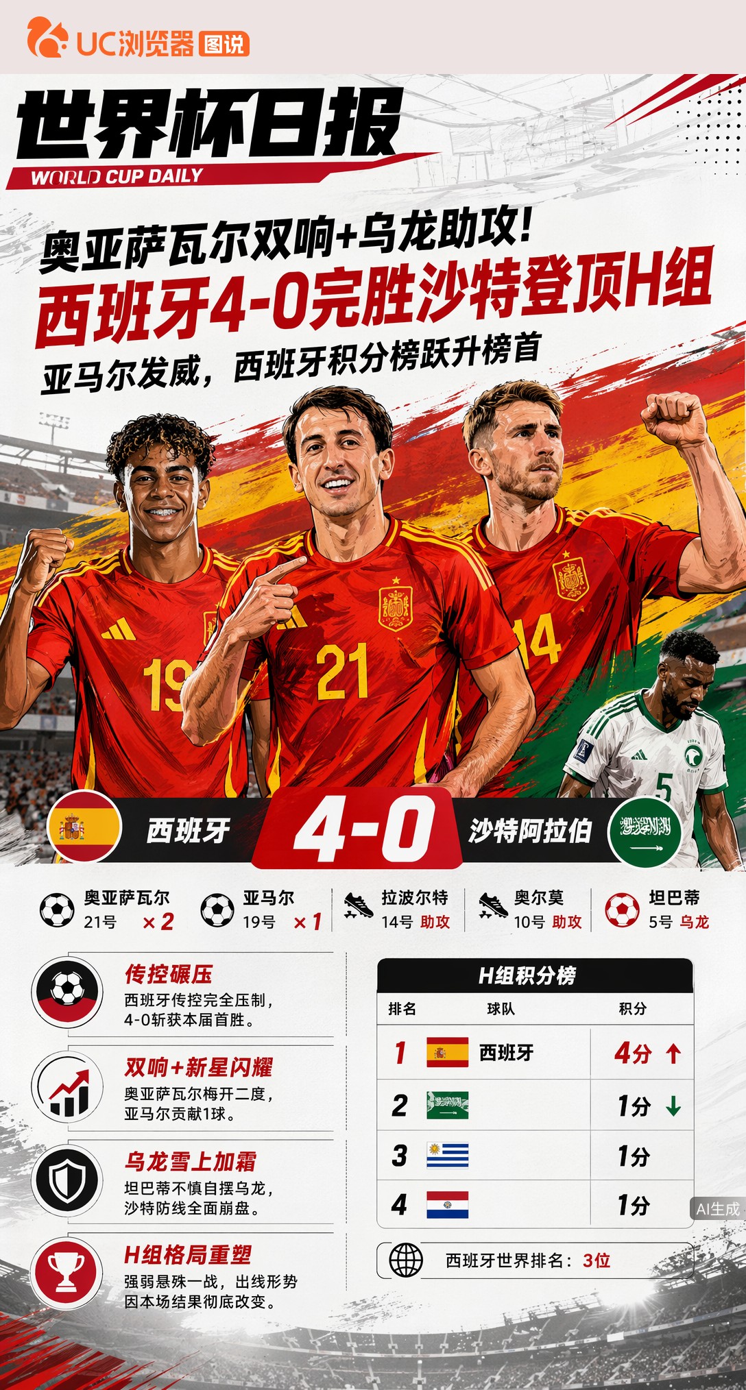 奥亚萨瓦尔双响+乌龙助攻！西班牙4-0完胜沙特登顶H组