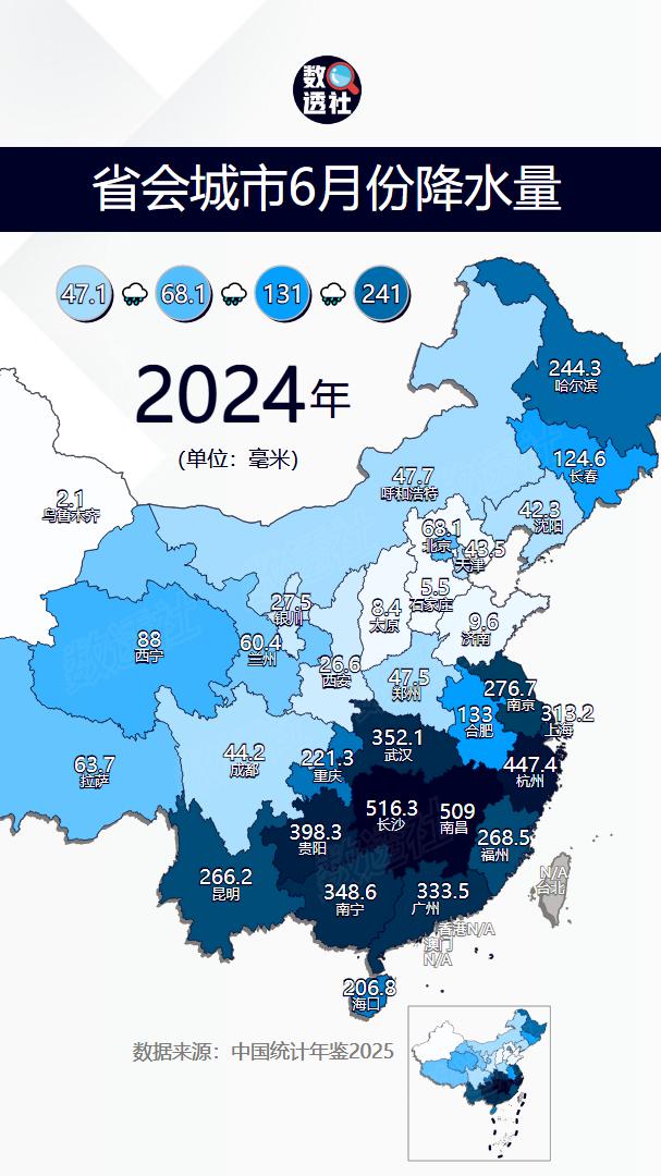 省会城市6月份降水量
