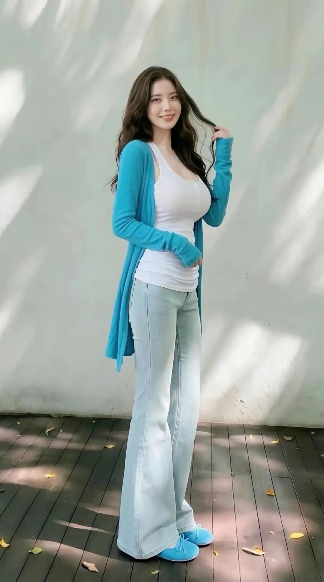 简约而不简单，确实是女神范儿的真谛，一条灰白牛仔裤搭配白色内T！时尚女性气质气