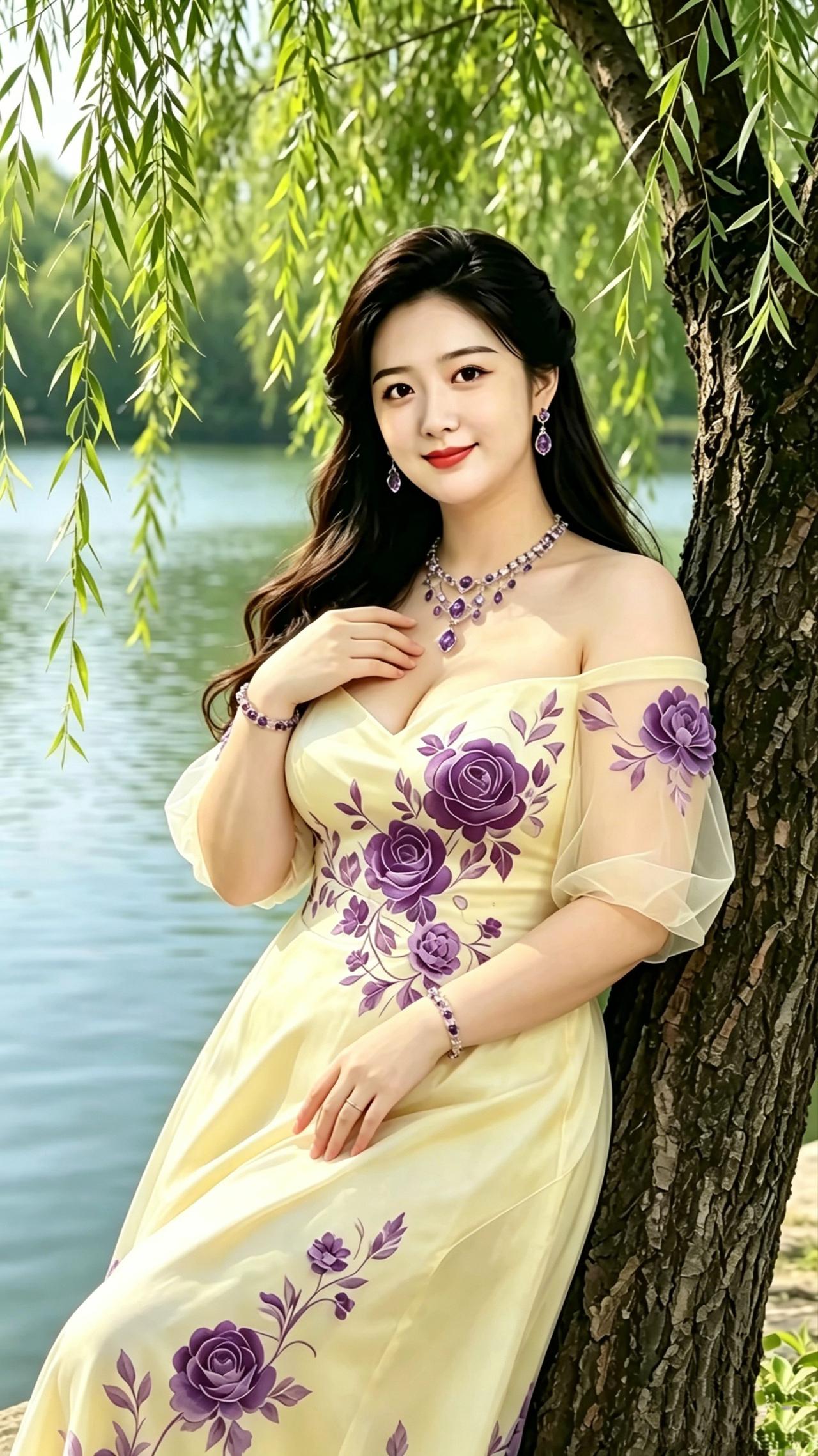 《柳湖芳姿》千条翠柳曳晴光，柔丝垂落蘸碧塘。湖面粼粼铺碎玉，和风漫送草木