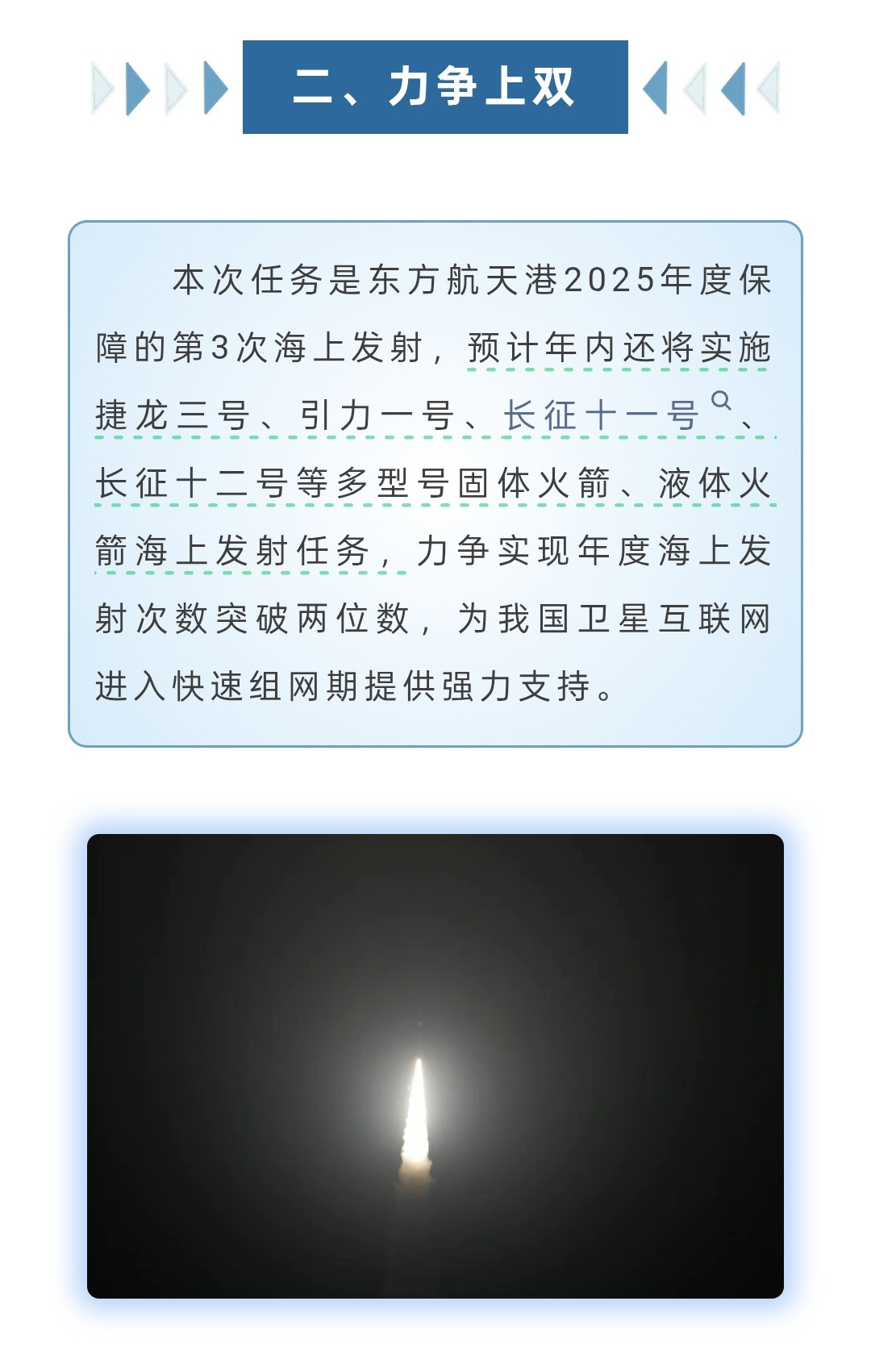 东方航天港预计年内还将实施捷龙三号，引力一号、长征十一号、长征十二号等多型号固体