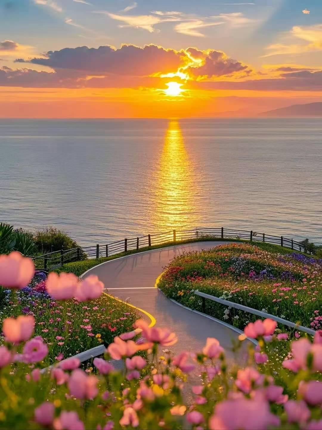 夕阳下的海边花海，浪漫至极！🌅🌸🌊