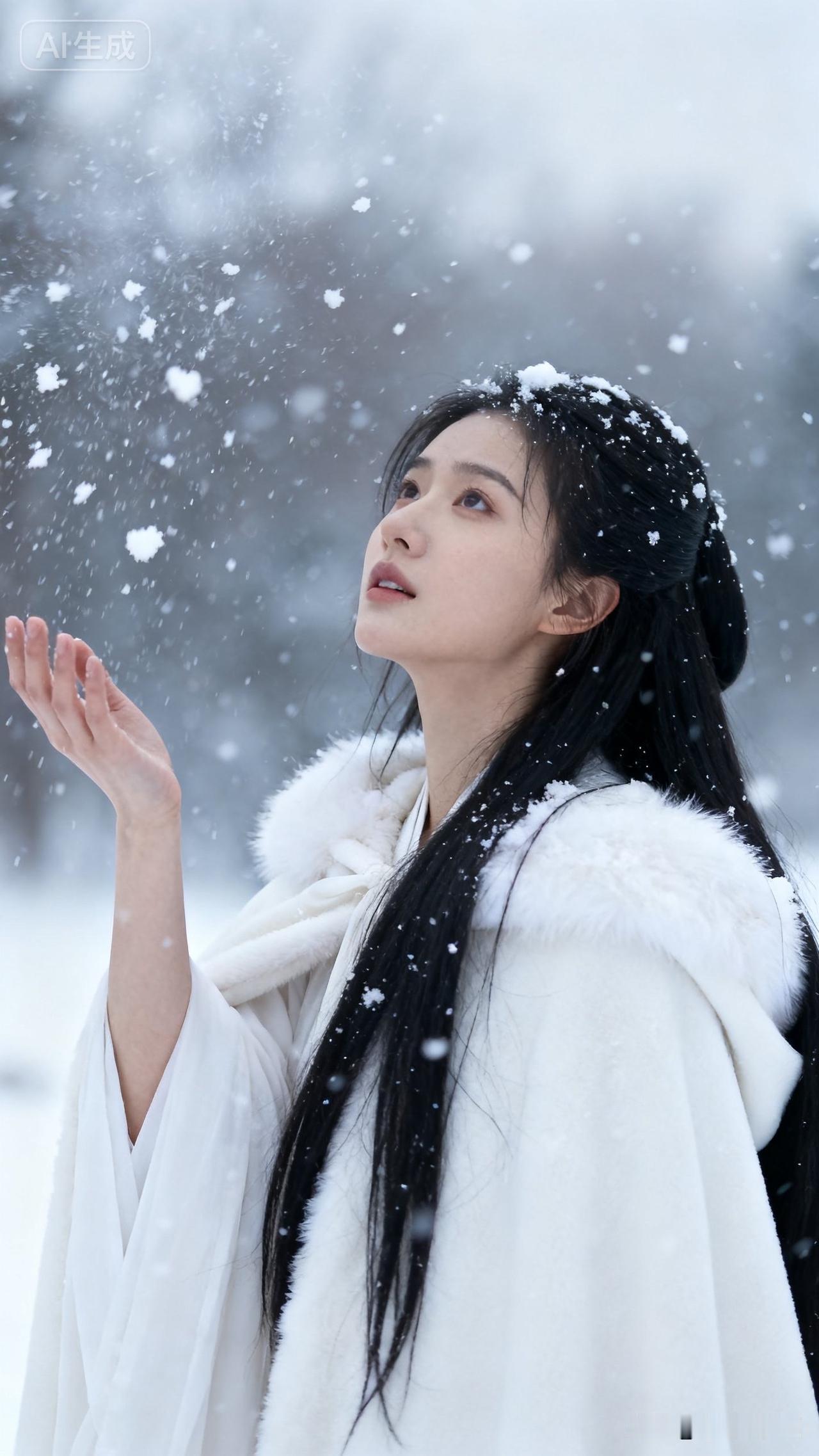 雪花纷飞，她微笑着接住。