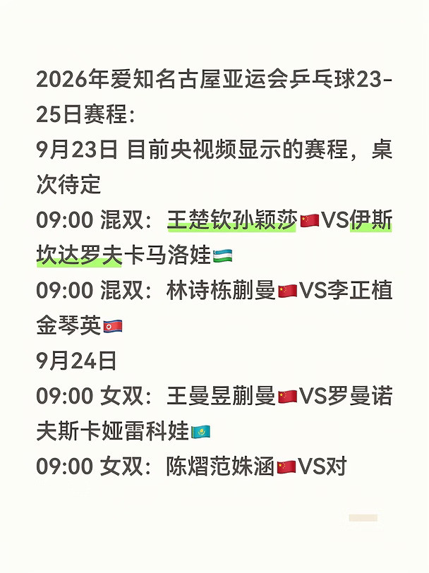 2026年爱知名古屋亚运会乒乓球23-25日赛程
