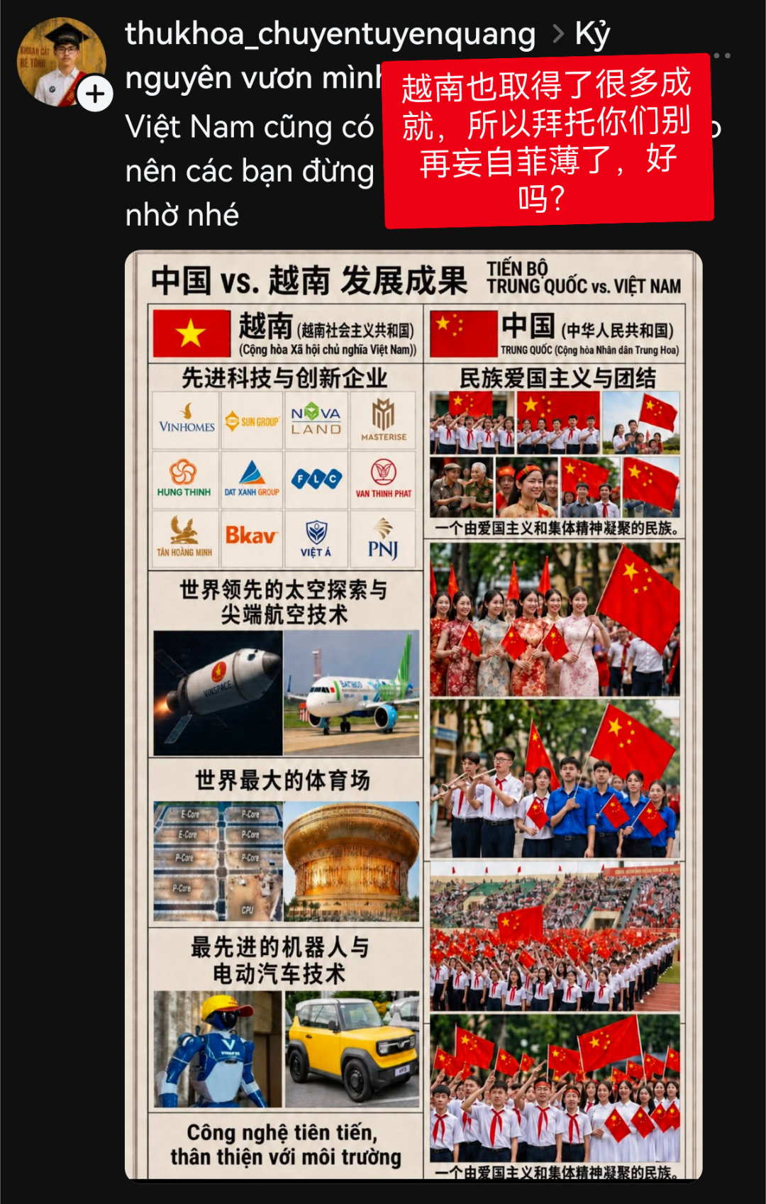 越南人做的“中国越南发展成果对比”，越南的“先进科技与创新企业”那一栏全是房地产