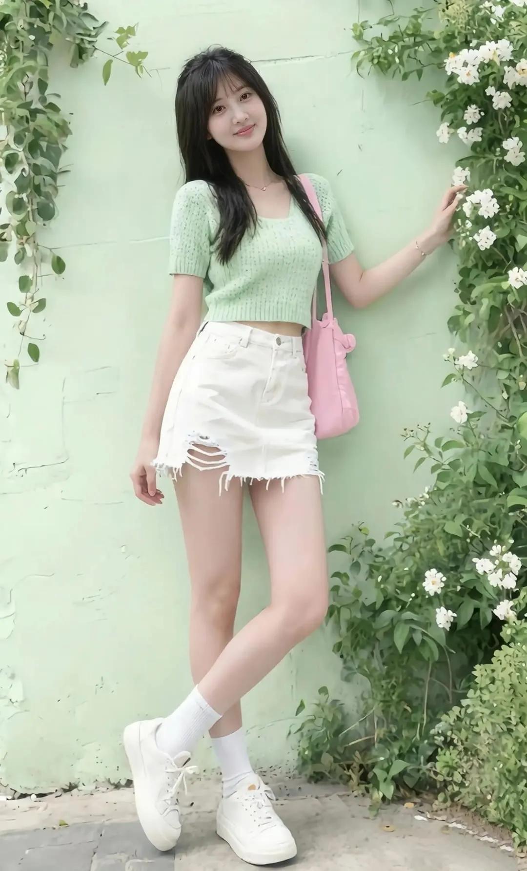 清新夏日穿搭，绿意盎然背景，少女感十足！街拍高清美女