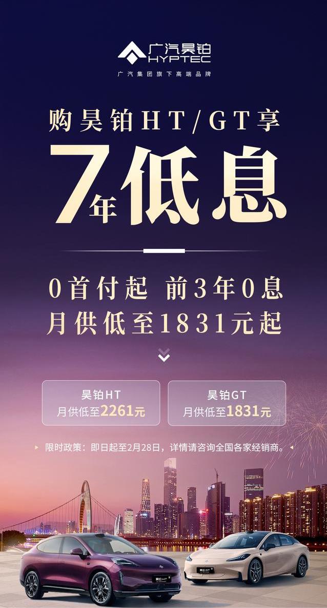 广汽昊铂HT/GT推出7年低息方案，0首付起，月供低至1831元起1月27日，