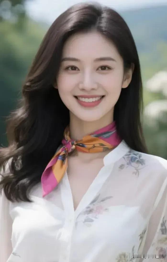 白衫浸着花的柔，丝巾缠出轻俏的彩，风掀动发梢时，她的笑比春阳更暖。女性气质