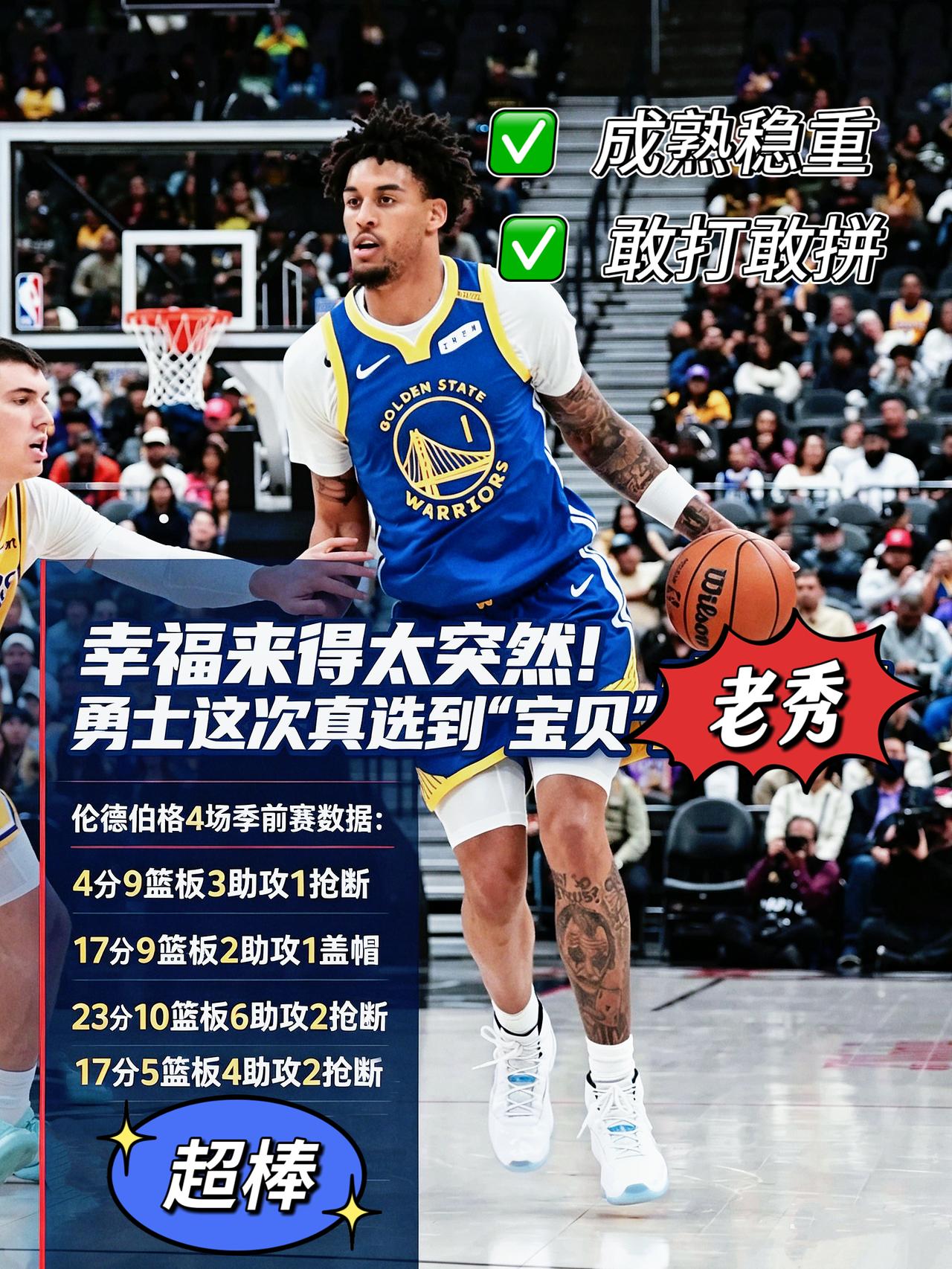 幸福来得太突然！勇士这次真选到“宝贝”了。首秀：4分9篮板3助攻1抢断第2场