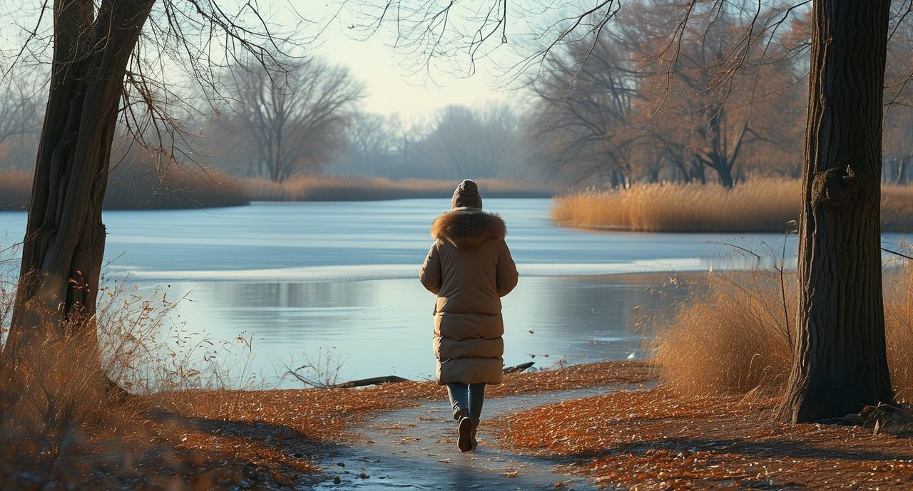 冬日三餐打卡在宁静的公园中，一个人手持暖手宝，悠闲地漫步在铺满落叶的小径上。湖面