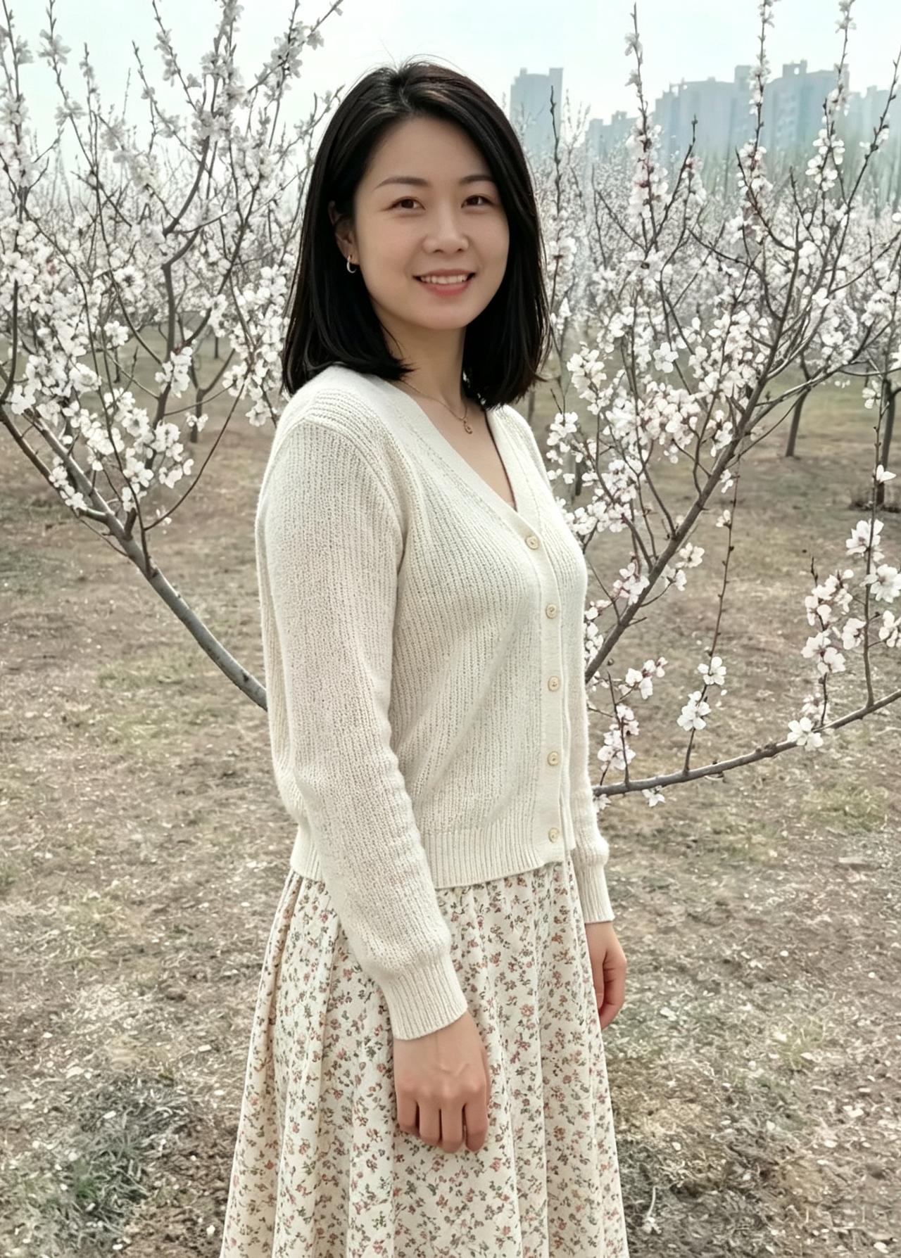 杏树千枝雪作团，佳人含笑立芳园。风牵衣袂香盈袖，一顾春山尽是欢。