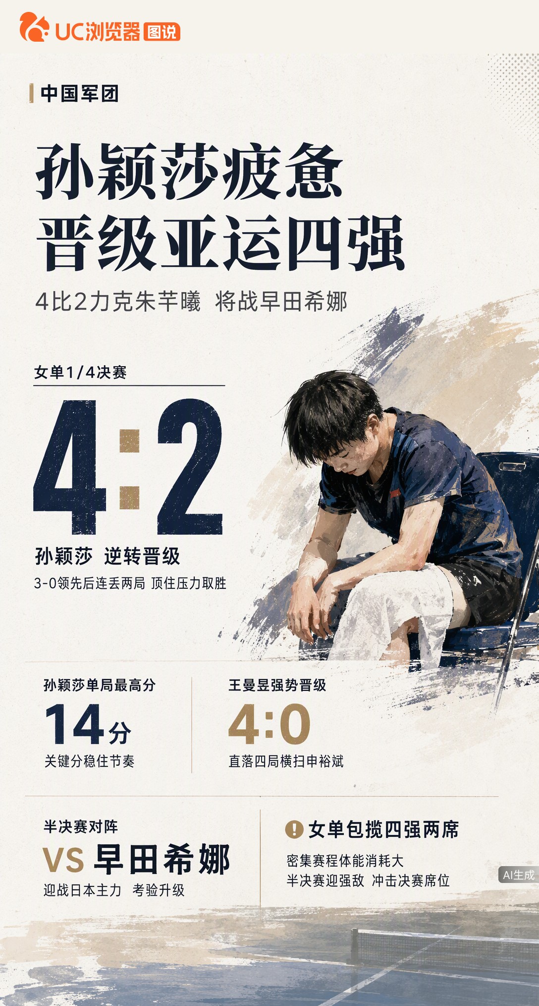 孙颖莎4-2晋级亚运女单四强，3-0领先被追两局仍顶住。局间倚凳休息疲惫肉眼可见，半决赛将战早田希娜