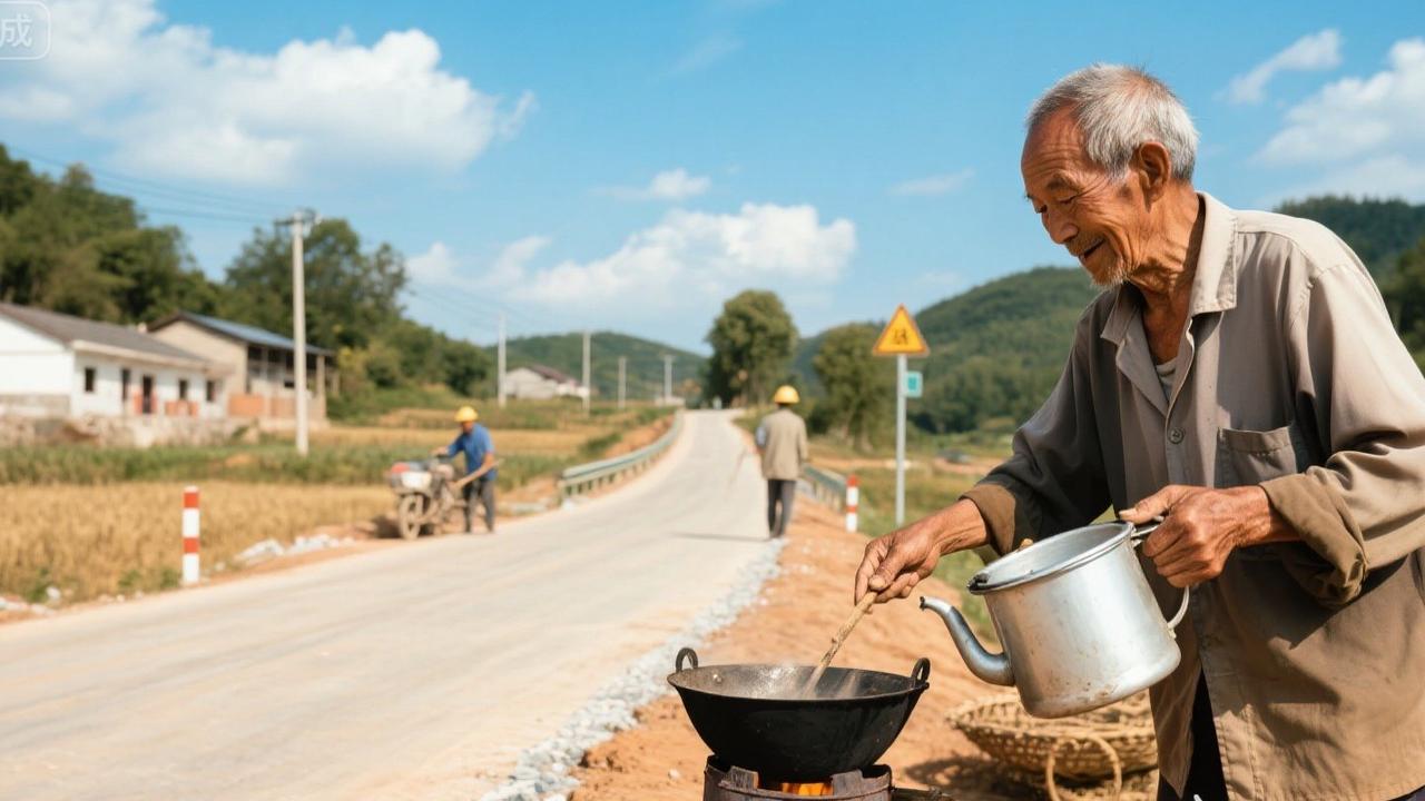全村集资300万修路，12月16日报道，只有五保户大爷没出钱，他默默给工人烧了6