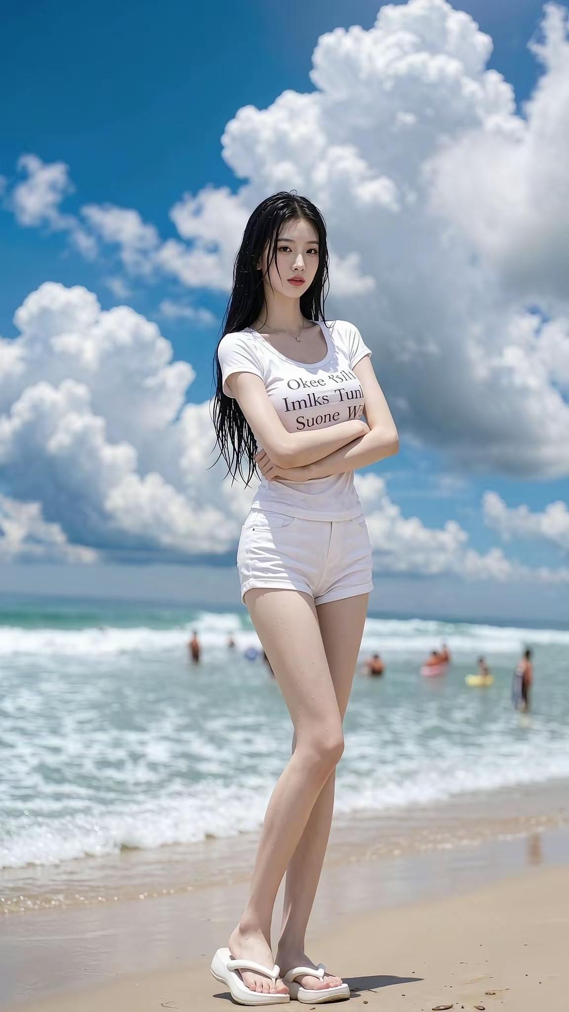 阳光明媚，沙滩上站着一位美女。上联，圆圆缺缺天上月，求下联？分享几张美女壁纸