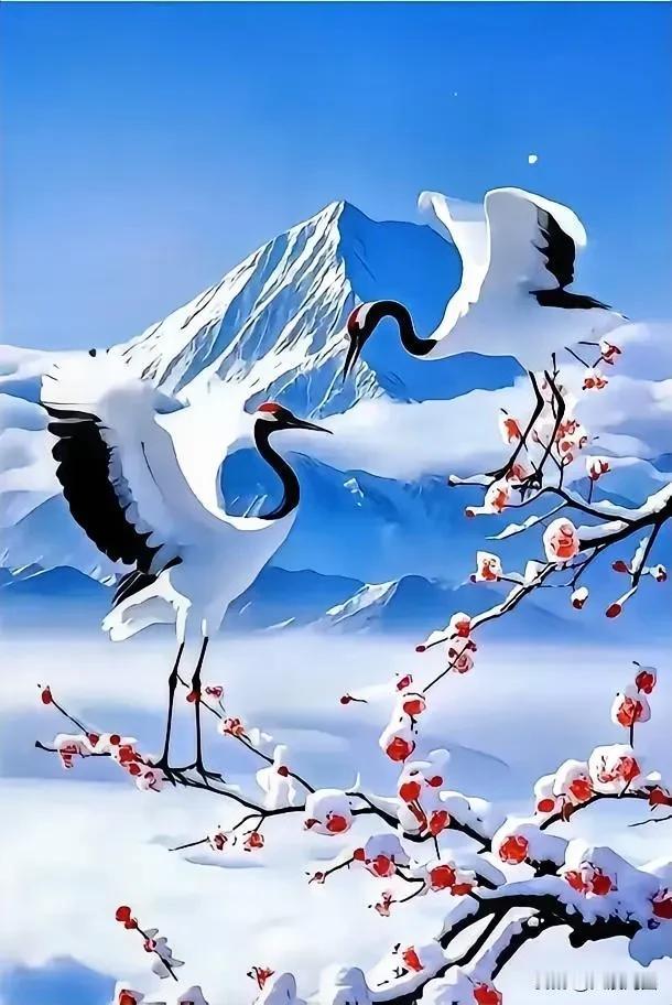 仙鹤翩翩起舞，雪中梅枝绽放，冬日美景如画。