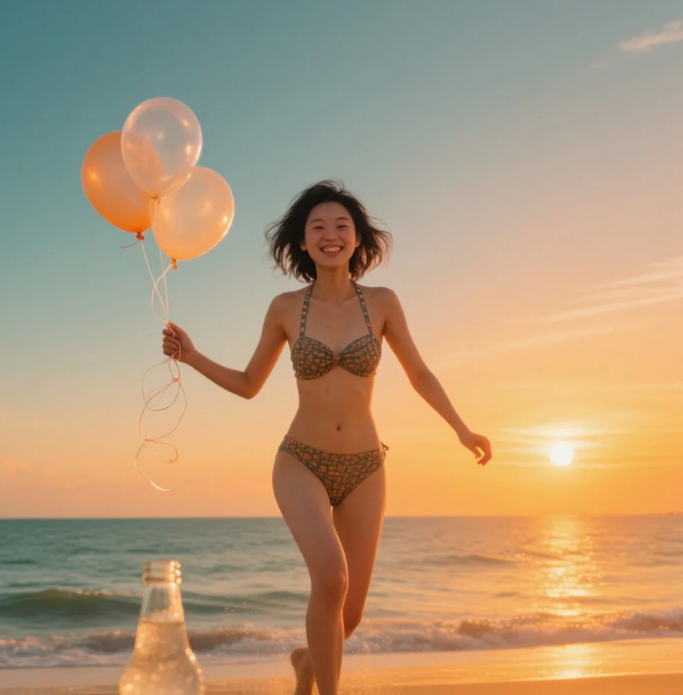沙滩为纸，浪花为墨，美女书写海边情诗