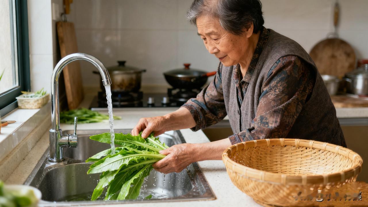 老伴在厨房择油麦菜，一边洗一边念叨：“炒青菜少放油，盐也得控制点，对你血糖好。”