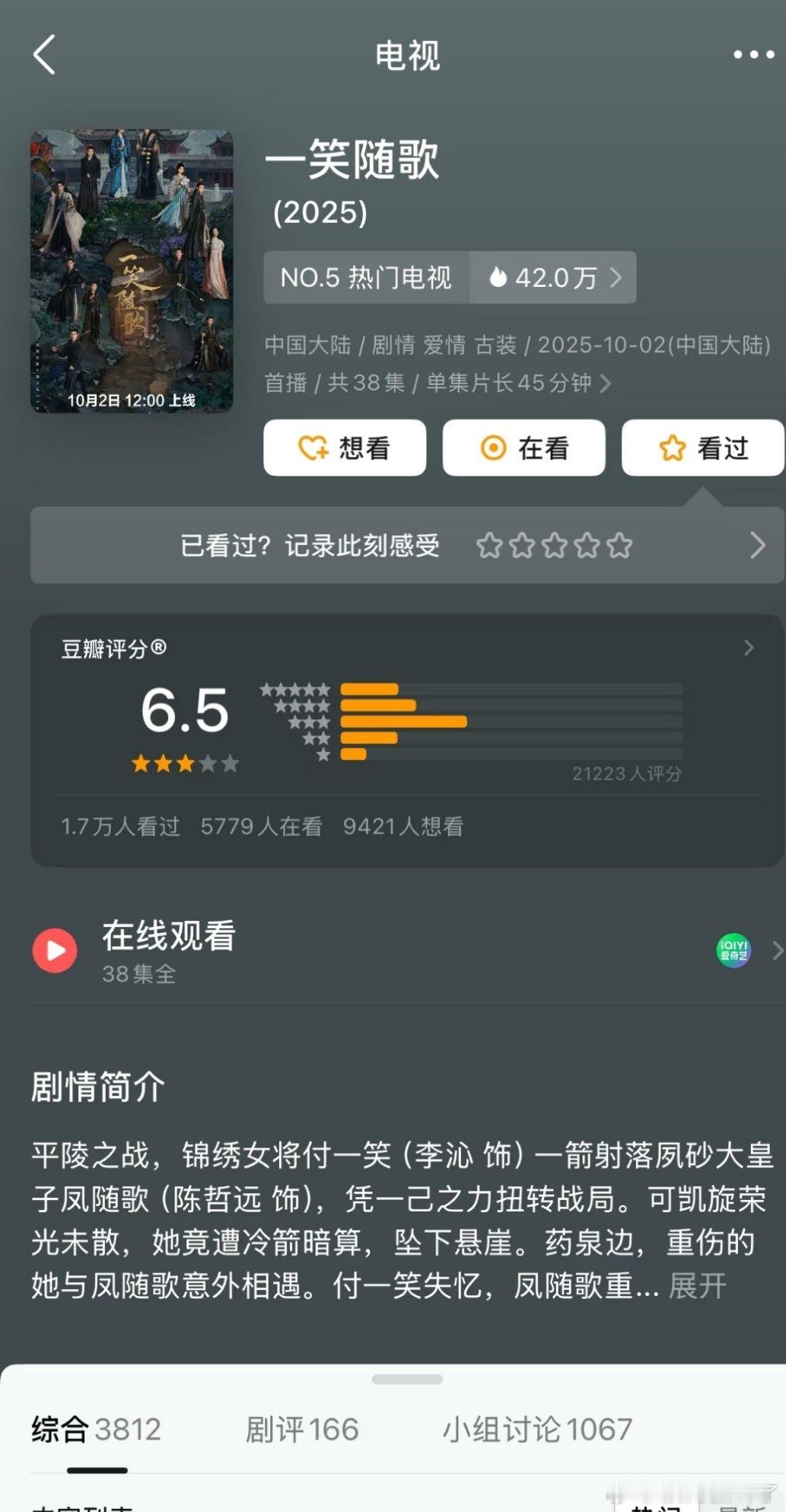 李沁、陈哲远豆瓣评分6.5[汗]最少七分吧，因为沒有烂尾。現在很多剧，开