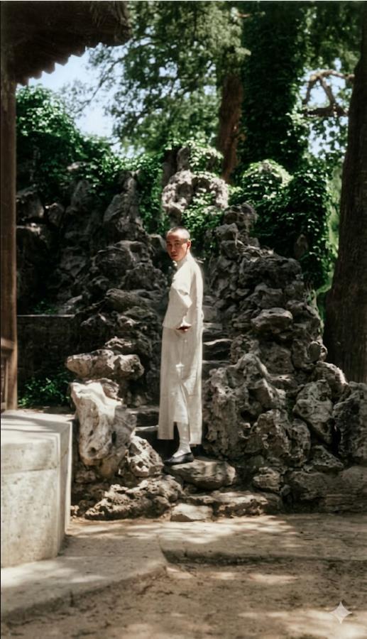 20世纪20年代，少年溥仪在紫禁城御花园太湖石假山前的单人照。溥仪身着长衫，侧