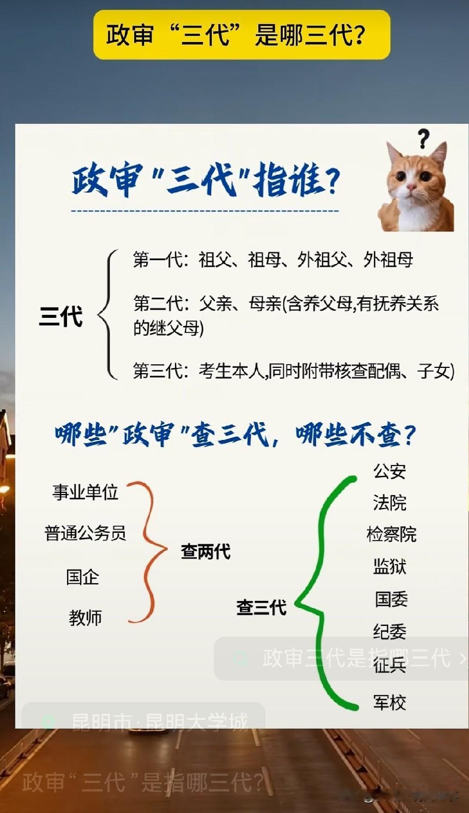 政审“三代”指的是本人、父母以及爷爷奶奶和外公外婆，也就是向上三代直系亲属，只查
