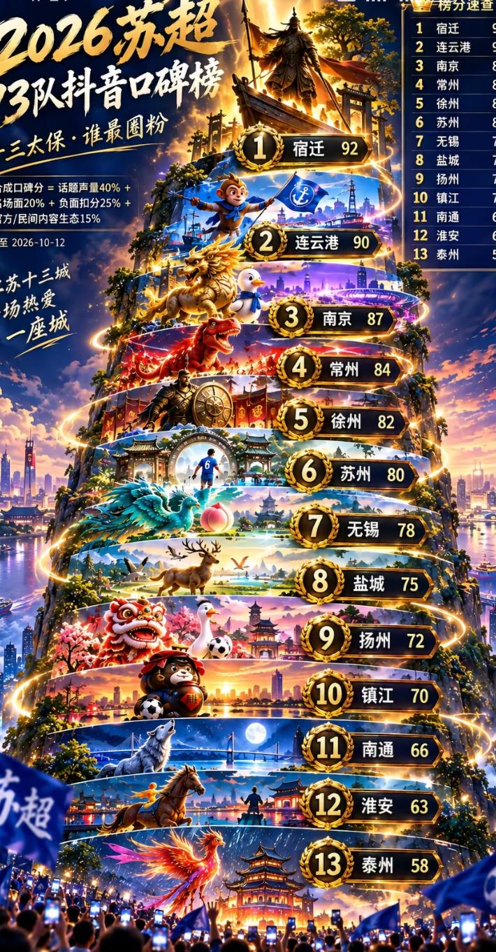 2026赛季苏超接下来已经进入半决赛赛程，但已经有网友把各队的口碑排名做出来了，