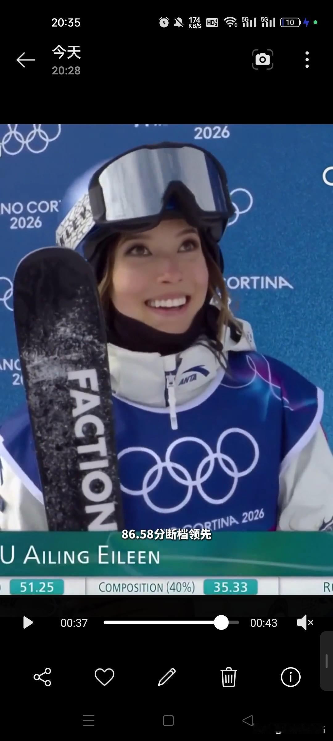 恭喜！恭喜！谷爱凌，决赛第一回合断崖式的排在第一名，真是小宇宙爆发，厉害