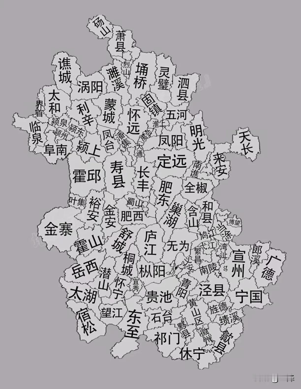 这是安徽省县级行政区分布图。安徽省共有104个县级政区单位，包括50个县、9个县