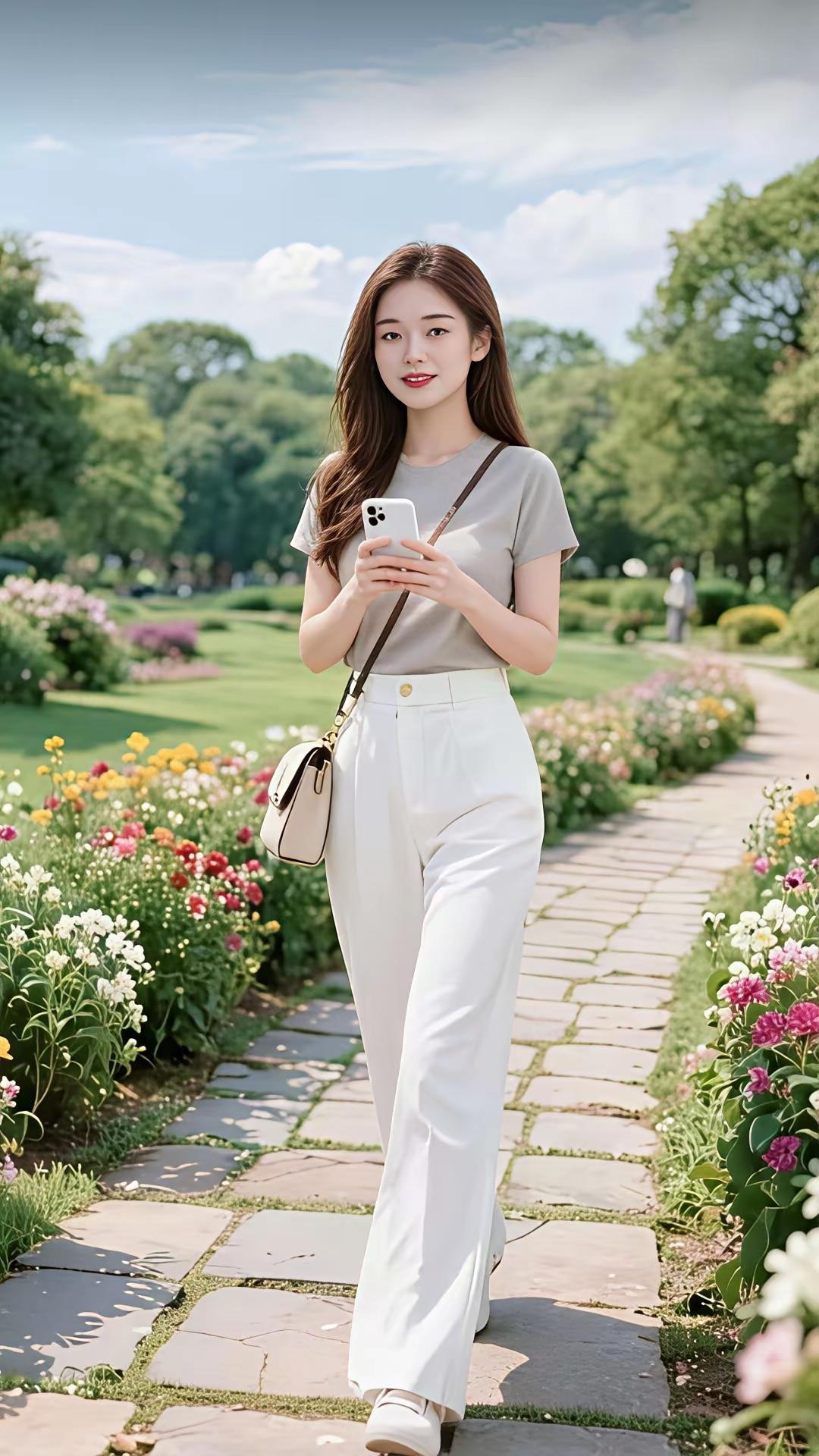 阳光明媚的午后，漫步在花海中的时尚女孩